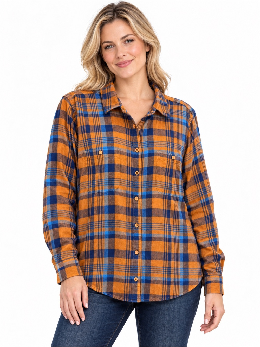 St. John's Bay Orange and Blue Plaid Button-Down Shirt